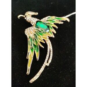 Green Phoenix Brooch/Pendant  Enamel And Rhinestones 2.75" Wide X 2" Long